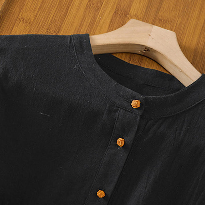 Buddha Stones d'été décontractée en coton et lin pour femme, couleur unie, demi-bouton, design simple, avec poche - image 15