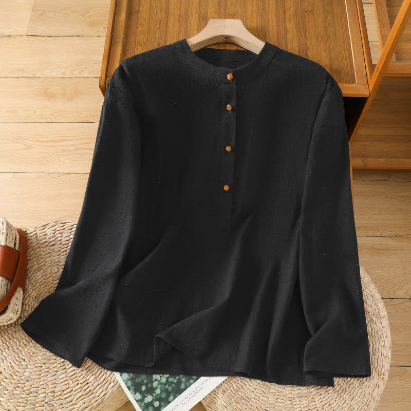 Buddha Stones d'été décontractée en coton et lin pour femme, couleur unie, demi-bouton, design simple, avec poche - Noir - US12，UK/AU16，EU44 (2XL) - image 12