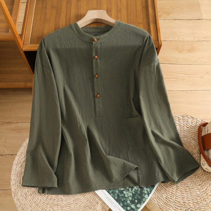 Buddha Stones d'été décontractée en coton et lin pour femme, couleur unie, demi-bouton, design simple, avec poche - image 7