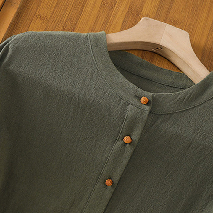 Buddha Stones d'été décontractée en coton et lin pour femme, couleur unie, demi-bouton, design simple, avec poche - image 8