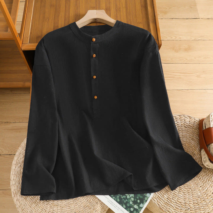 Buddha Stones d'été décontractée en coton et lin pour femme, couleur unie, demi-bouton, design simple, avec poche - image 13