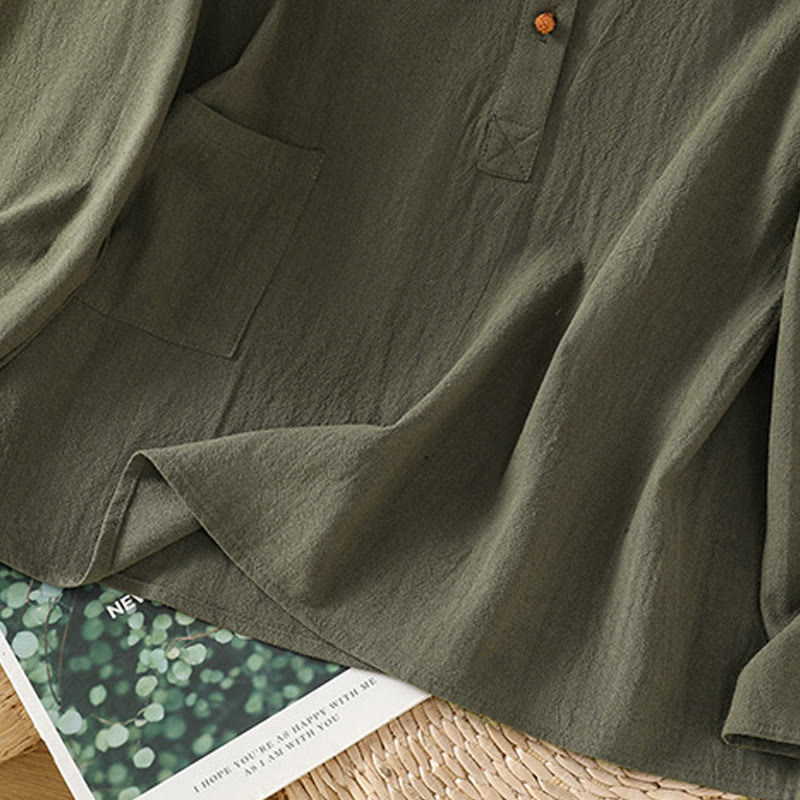 Buddha Stones d'été décontractée en coton et lin pour femme, couleur unie, demi-bouton, design simple, avec poche - image 10