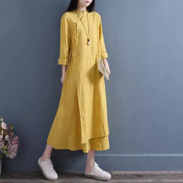 Robe mi-longue décontractée en coton et lin à lacets sur les côtés, style printemps, style décontracté, avec boutons grenouille et imprimé Buddha Stones - Or - US8-10，UK/AU12-14，EU40-42 (2XL) - image 3