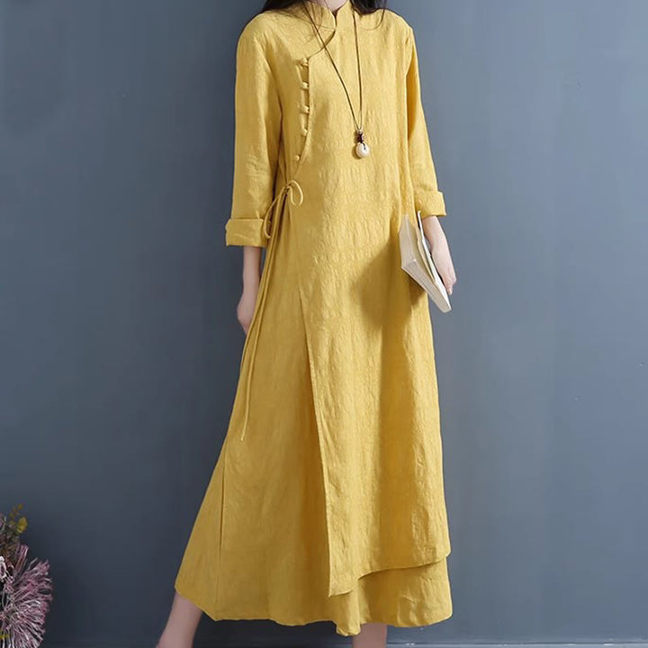 Robe mi-longue décontractée en coton et lin à lacets sur les côtés, style printemps, style décontracté, avec boutons grenouille et imprimé Buddha Stones - image 5