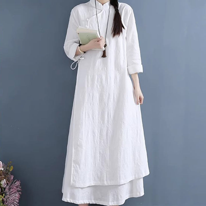 Robe mi-longue décontractée en coton et lin à lacets sur les côtés, style printemps, style décontracté, avec boutons grenouille et imprimé Buddha Stones - image 1