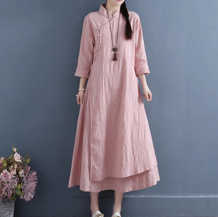 Robe mi-longue décontractée en coton et lin à lacets sur les côtés, style printemps, style décontracté, avec boutons grenouille et imprimé Buddha Stones - Rose clair - US8-10，UK/AU12-14，EU40-42 (2XL) - image 15