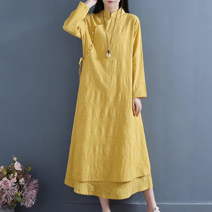 Robe mi-longue décontractée en coton et lin à lacets sur les côtés, style printemps, style décontracté, avec boutons grenouille et imprimé Buddha Stones - image 4