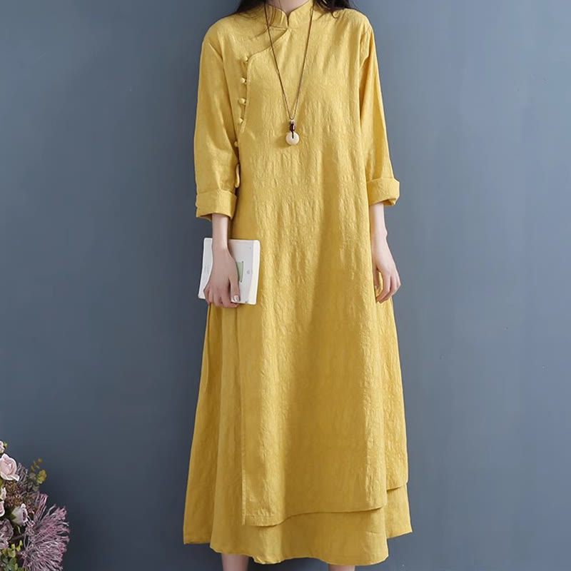 Robe mi-longue décontractée en coton et lin à lacets sur les côtés, style printemps, style décontracté, avec boutons grenouille et imprimé Buddha Stones - image 6