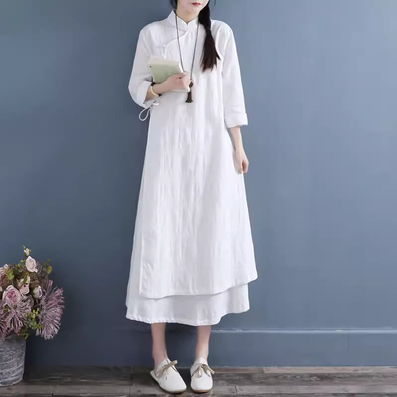 Robe mi-longue décontractée en coton et lin à lacets sur les côtés, style printemps, style décontracté, avec boutons grenouille et imprimé Buddha Stones - image 2
