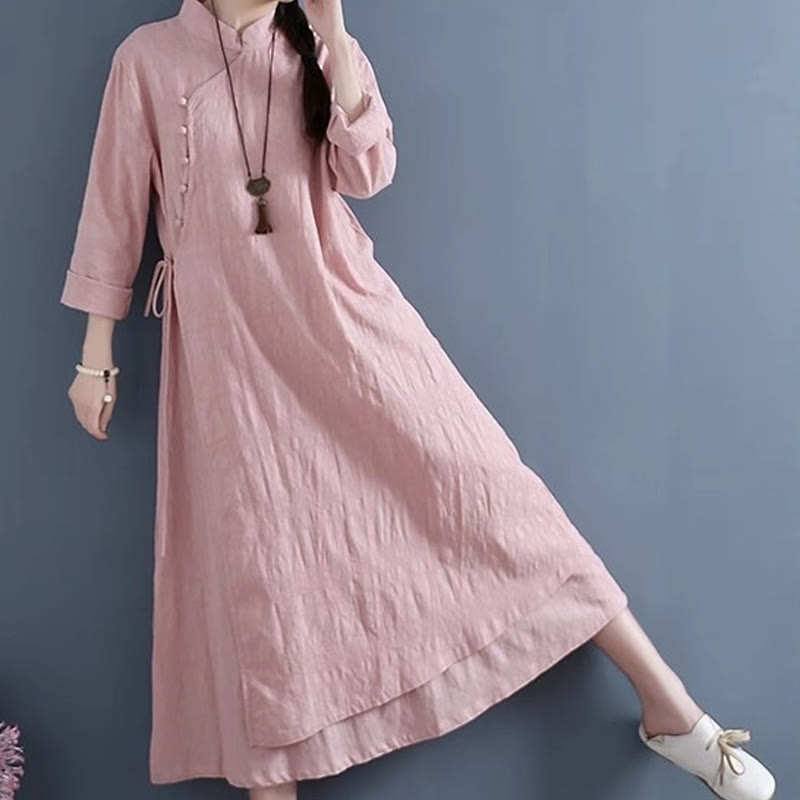Robe mi-longue décontractée en coton et lin à lacets sur les côtés, style printemps, style décontracté, avec boutons grenouille et imprimé Buddha Stones - image 16