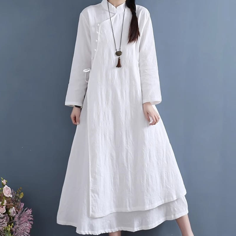 Robe mi-longue décontractée en coton et lin à lacets sur les côtés, style printemps, style décontracté, avec boutons grenouille et imprimé Buddha Stones - Blanc - US8-10，UK/AU12-14，EU40-42 (2XL) - image 0