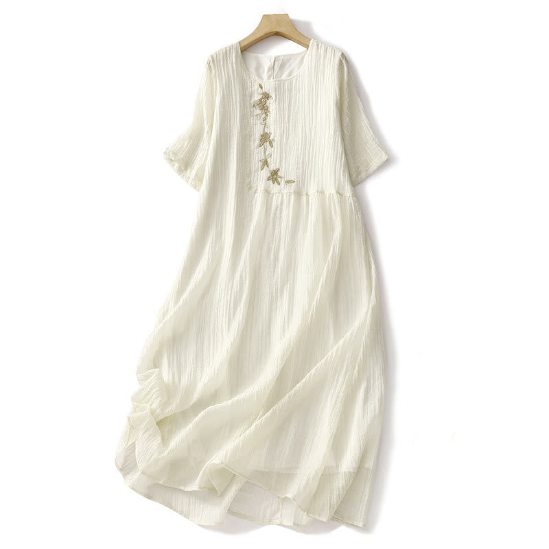 Robe mi-longue Buddha Stones d'été en coton et lin à manches courtes et broderies unies double épaisseur - Jaune clair - US8-10，UK/AU12-14，EU40-42 (2XL) - image 10