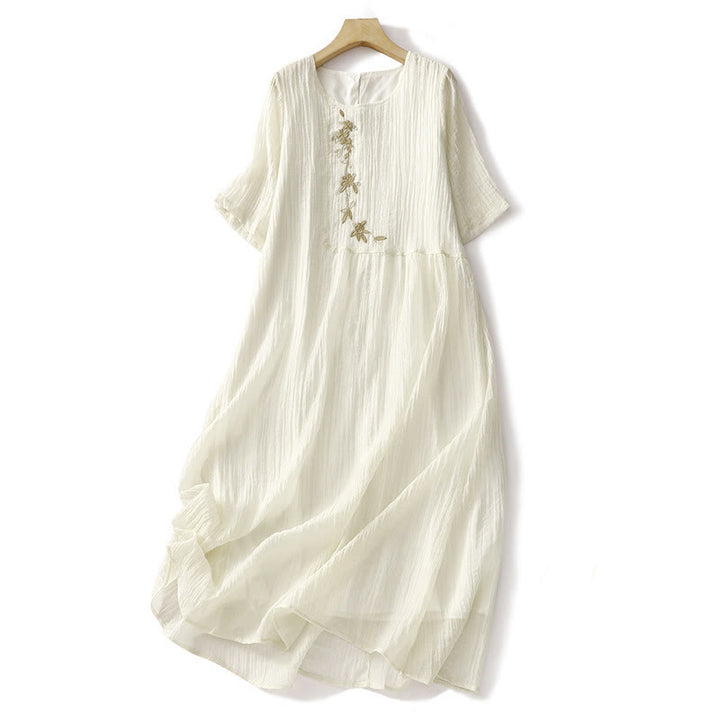 Robe mi-longue Buddha Stones d'été en coton et lin à manches courtes et broderies unies double épaisseur - Jaune clair - US8-10，UK/AU12-14，EU40-42 (2XL) - image 10