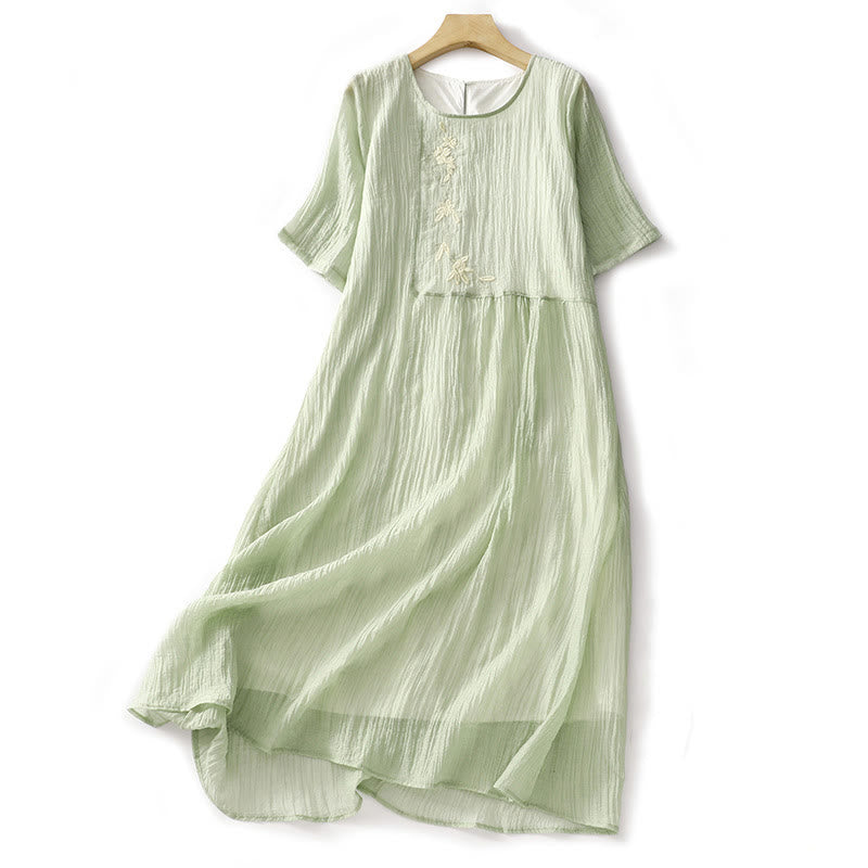 Robe mi-longue Buddha Stones d'été en coton et lin à manches courtes et broderies unies double épaisseur - Vert pâle - US8-10，UK/AU12-14，EU40-42 (2XL) - image 1