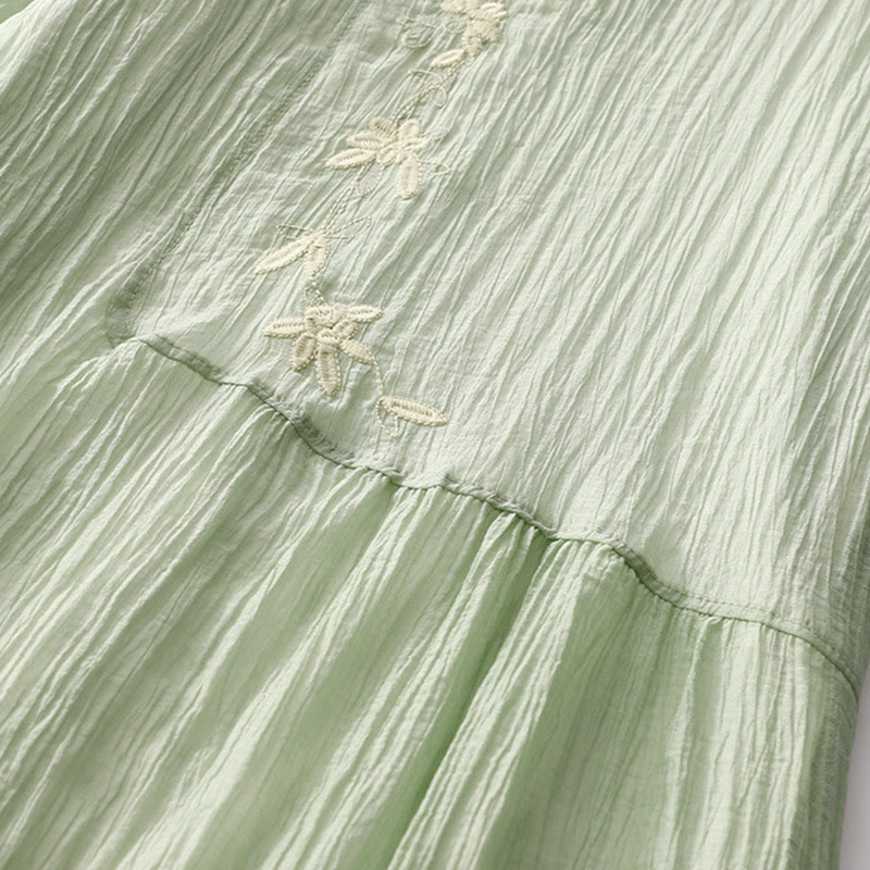 Robe mi-longue Buddha Stones d'été en coton et lin à manches courtes et broderies unies double épaisseur - image 3