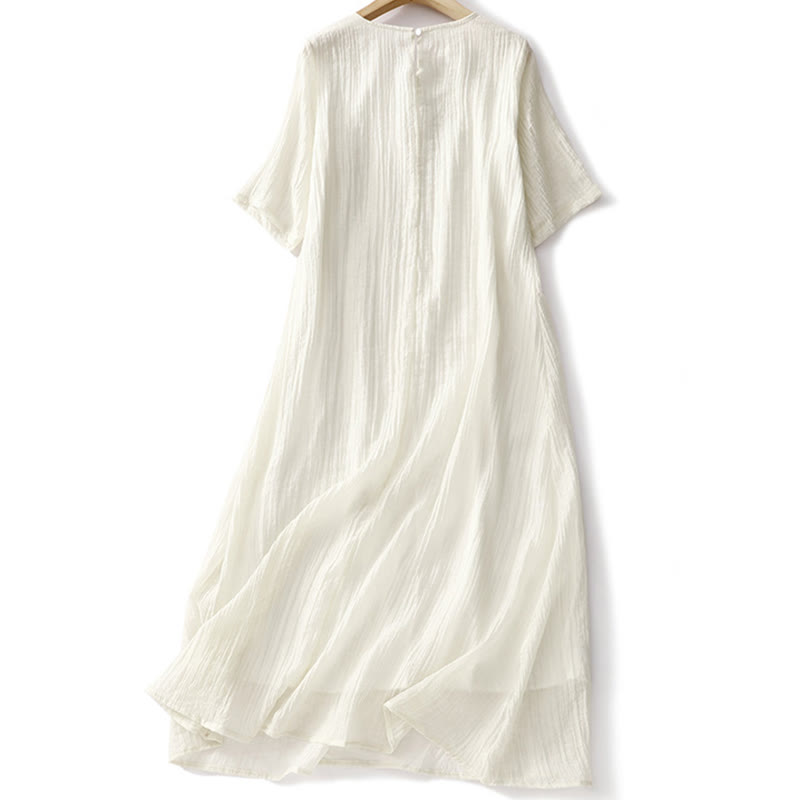 Robe mi-longue Buddha Stones d'été en coton et lin à manches courtes et broderies unies double épaisseur - image 10