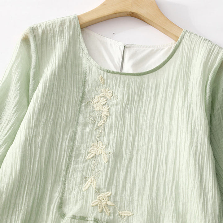 Robe mi-longue Buddha Stones d'été en coton et lin à manches courtes et broderies unies double épaisseur - image 1