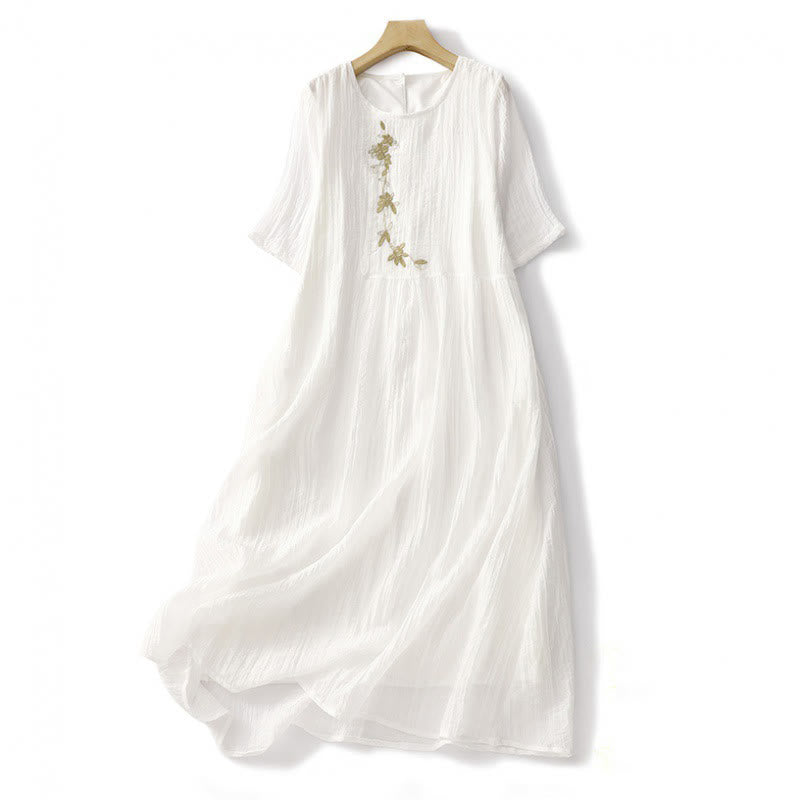 Robe mi-longue Buddha Stones d'été en coton et lin à manches courtes et broderies unies double épaisseur - Blanc - US8-10，UK/AU12-14，EU40-42 (2XL) - image 22