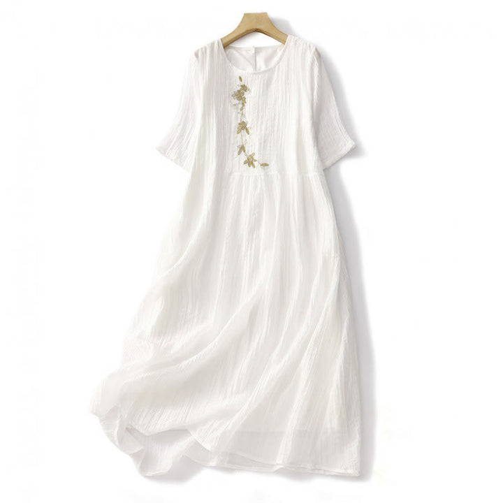 Robe mi-longue Buddha Stones d'été en coton et lin à manches courtes et broderies unies double épaisseur - Blanc - US8-10，UK/AU12-14，EU40-42 (2XL) - image 22