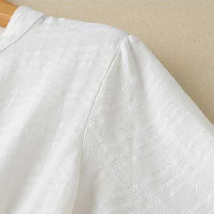 Robe mi-longue rétro en coton et lin à manches longues et poches, avec cordon de serrage et boutons grenouille, motif Buddha Stones - image 10