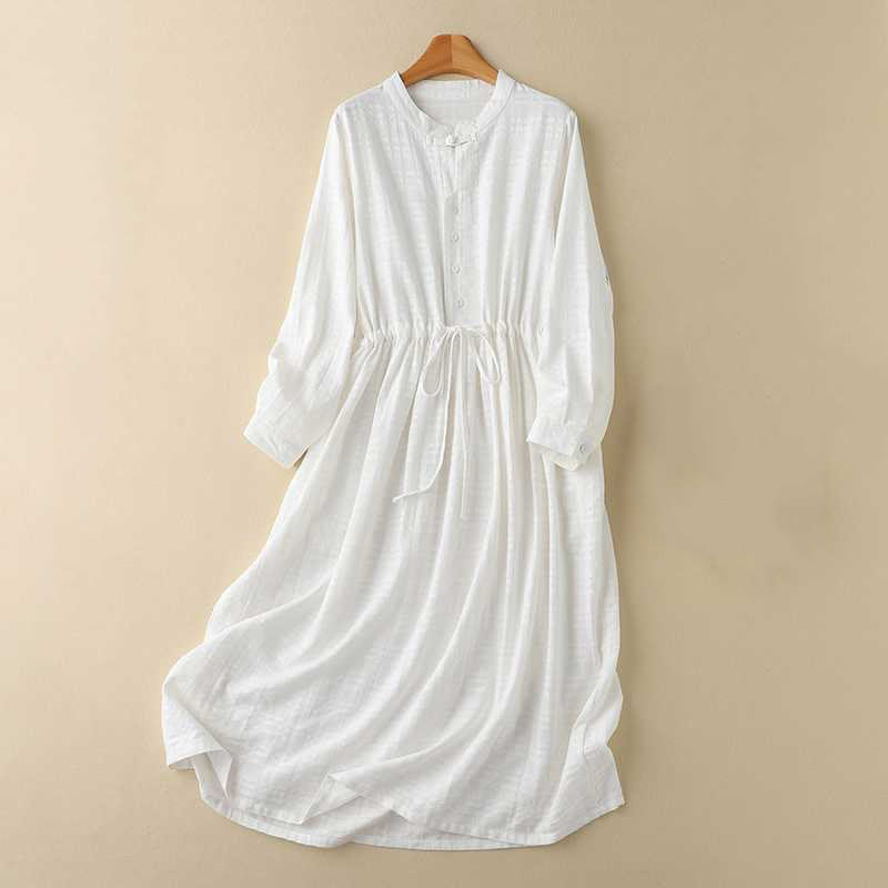 Robe mi-longue rétro en coton et lin à manches longues et poches, avec cordon de serrage et boutons grenouille, motif Buddha Stones - Blanc - US8-10，UK/AU12-14，EU40-42 (2XL) - image 6