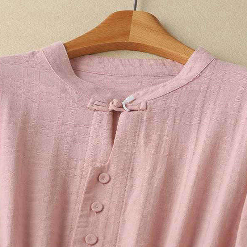 Robe mi-longue rétro en coton et lin à manches longues et poches, avec cordon de serrage et boutons grenouille, motif Buddha Stones - image 20