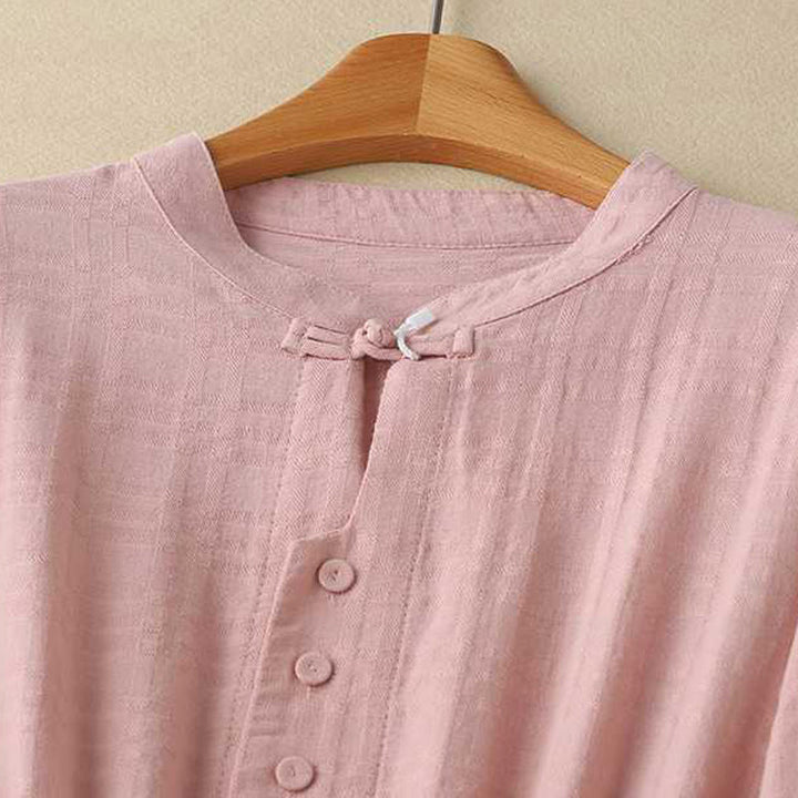 Robe mi-longue rétro en coton et lin à manches longues et poches, avec cordon de serrage et boutons grenouille, motif Buddha Stones - image 20