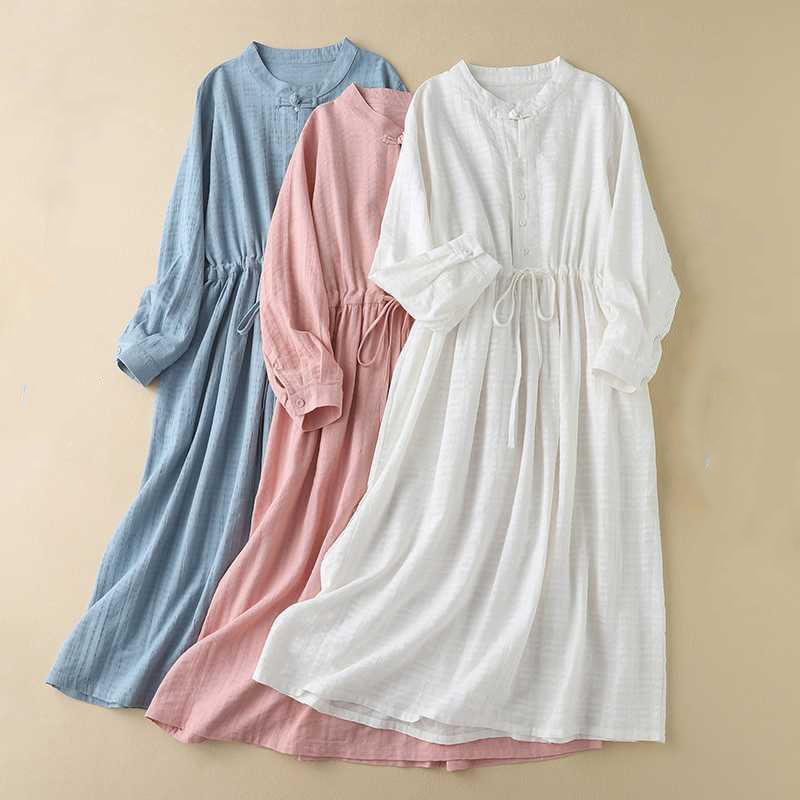 Robe mi-longue rétro en coton et lin à manches longues et poches, avec cordon de serrage et boutons grenouille, motif Buddha Stones - image 25