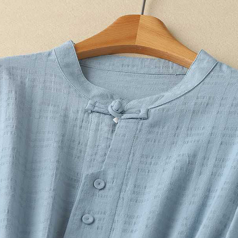 Robe mi-longue rétro en coton et lin à manches longues et poches, avec cordon de serrage et boutons grenouille, motif Buddha Stones - image 1