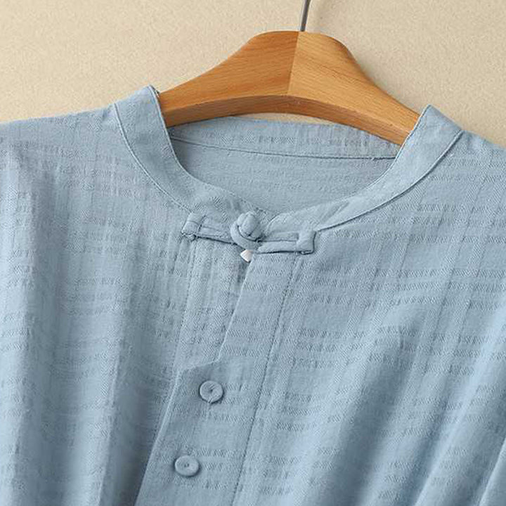 Robe mi-longue rétro en coton et lin à manches longues et poches, avec cordon de serrage et boutons grenouille, motif Buddha Stones - image 1