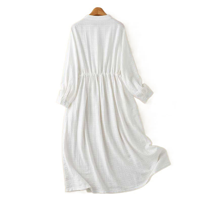 Robe mi-longue rétro en coton et lin à manches longues et poches, avec cordon de serrage et boutons grenouille, motif Buddha Stones - image 18