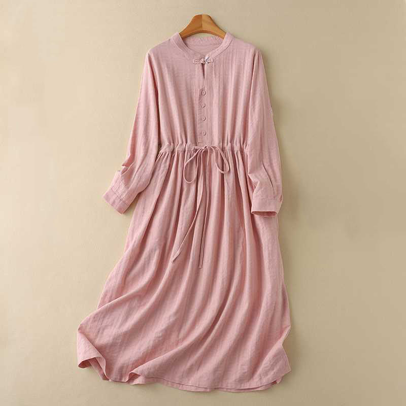 Robe mi-longue rétro en coton et lin à manches longues et poches, avec cordon de serrage et boutons grenouille, motif Buddha Stones - Saumon - US8-10，UK/AU12-14，EU40-42 (2XL) - image 19