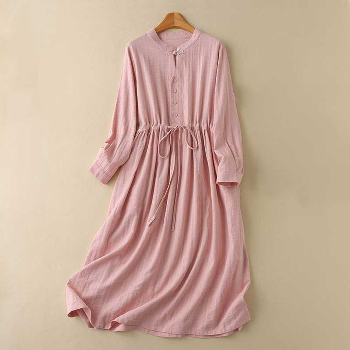 Robe mi-longue rétro en coton et lin à manches longues et poches, avec cordon de serrage et boutons grenouille, motif Buddha Stones - Saumon - US8-10，UK/AU12-14，EU40-42 (2XL) - image 19