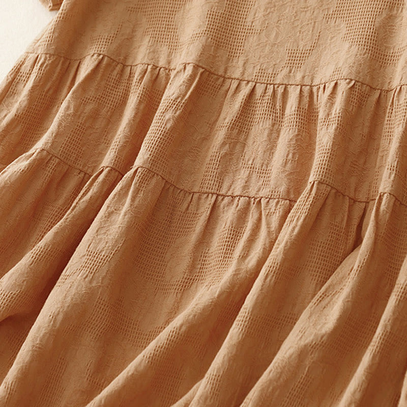 Robe mi-longue d'été en coton à manches courtes et col ras du cou avec poignets élastiques et jacquard uni Buddha Stones