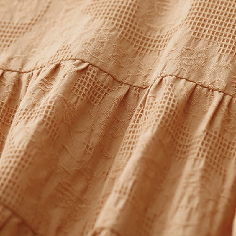 Robe mi-longue d'été en coton à manches courtes et col ras du cou avec poignets élastiques et jacquard uni Buddha Stones