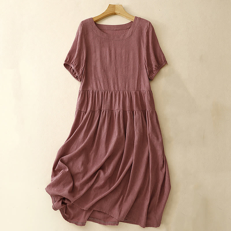 Robe mi-longue d'été en coton à manches courtes et col ras du cou avec poignets élastiques et jacquard uni Buddha Stones