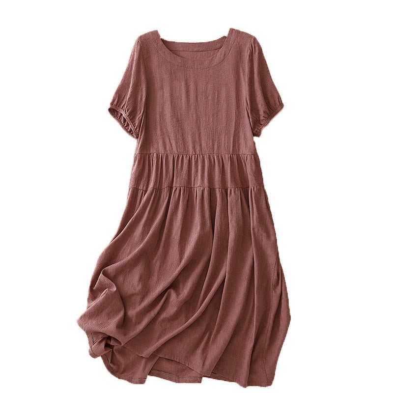 Robe mi-longue d'été en coton à manches courtes et col ras du cou avec poignets élastiques et jacquard uni Buddha Stones