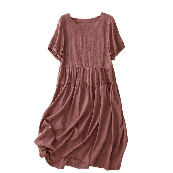 Robe mi-longue d'été en coton à manches courtes et col ras du cou avec poignets élastiques et jacquard uni Buddha Stones