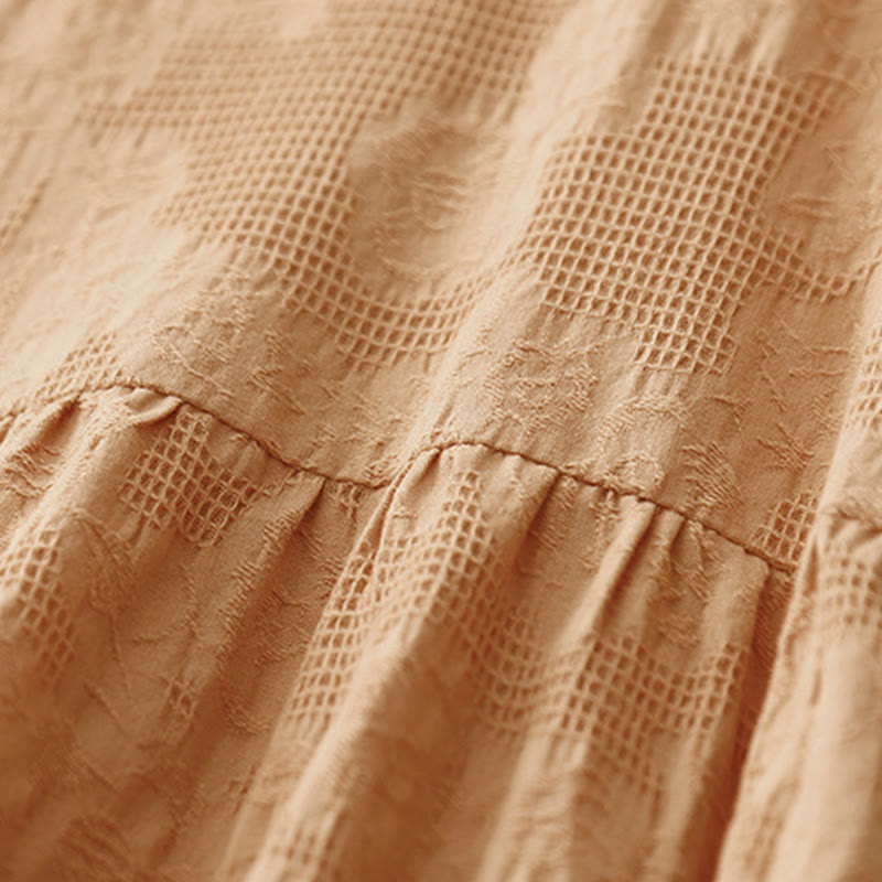 Robe mi-longue d'été en coton à manches courtes et col ras du cou avec poignets élastiques et jacquard uni Buddha Stones