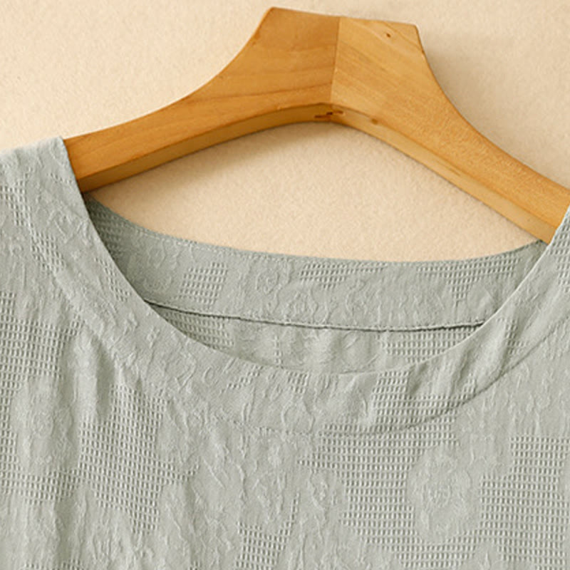 Robe mi-longue d'été en coton à manches courtes et col ras du cou avec poignets élastiques et jacquard uni Buddha Stones