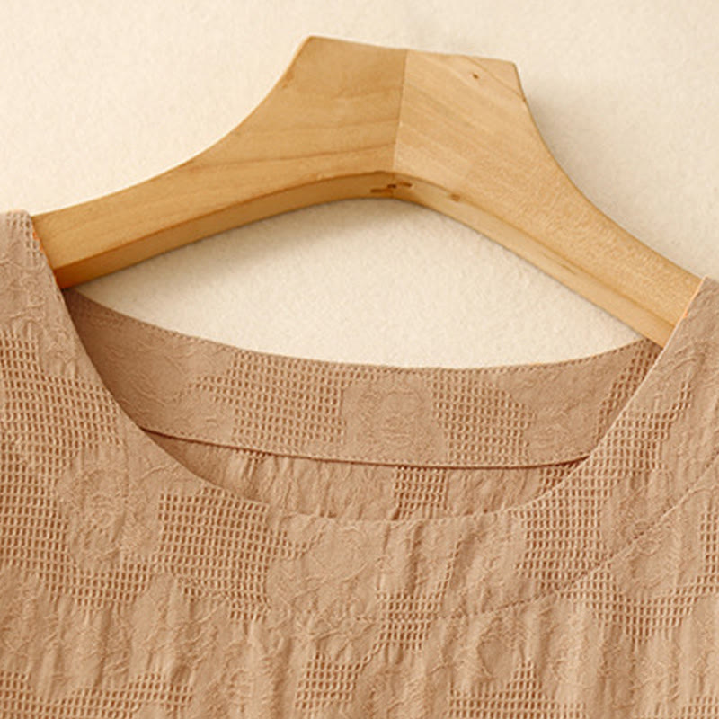 Robe mi-longue d'été en coton à manches courtes et col ras du cou avec poignets élastiques et jacquard uni Buddha Stones