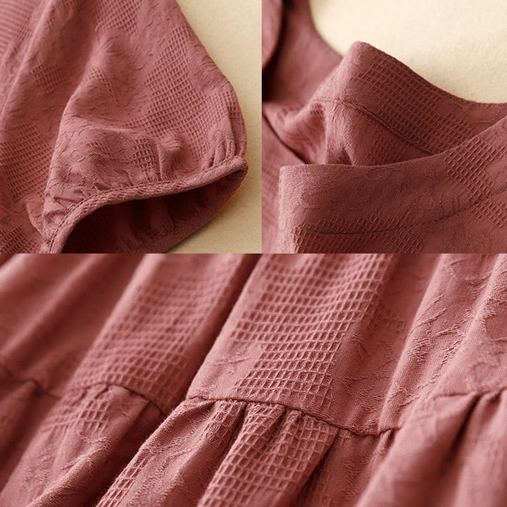 Robe mi-longue d'été en coton à manches courtes et col ras du cou avec poignets élastiques et jacquard uni Buddha Stones