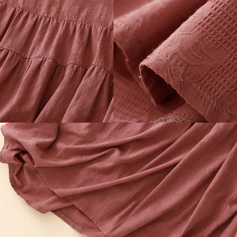 Robe mi-longue d'été en coton à manches courtes et col ras du cou avec poignets élastiques et jacquard uni Buddha Stones