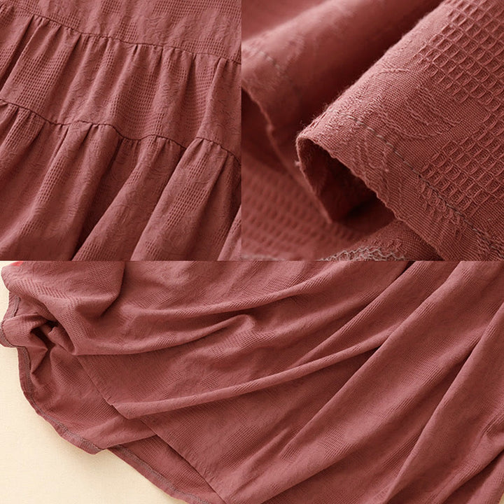 Robe mi-longue d'été en coton à manches courtes et col ras du cou avec poignets élastiques et jacquard uni Buddha Stones