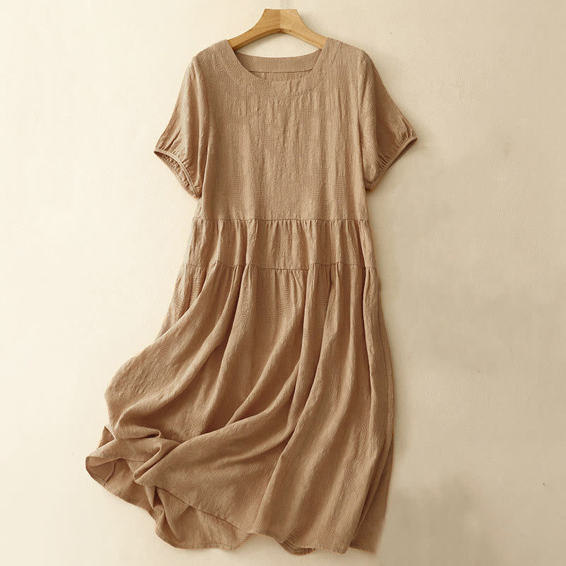 Robe mi-longue d'été en coton à manches courtes et col ras du cou avec poignets élastiques et jacquard uni Buddha Stones