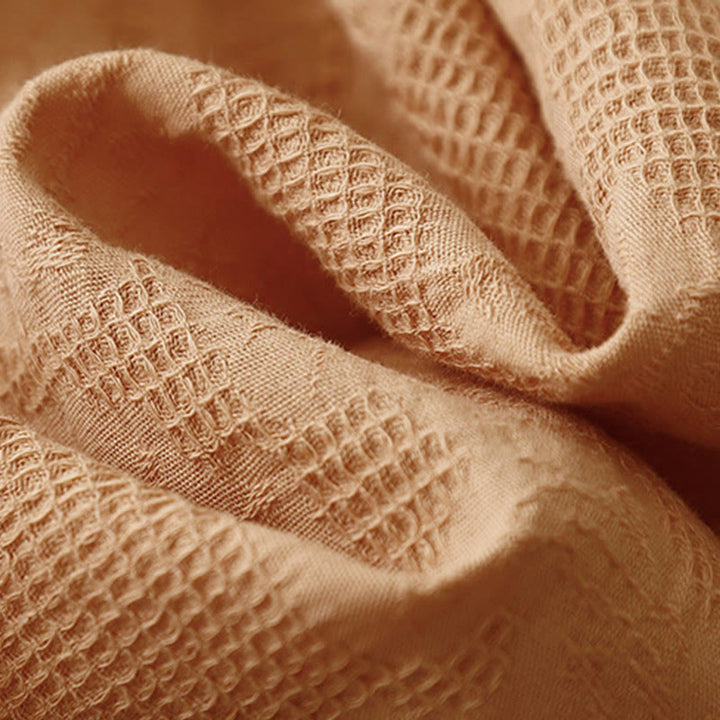 Robe mi-longue d'été en coton à manches courtes et col ras du cou avec poignets élastiques et jacquard uni Buddha Stones