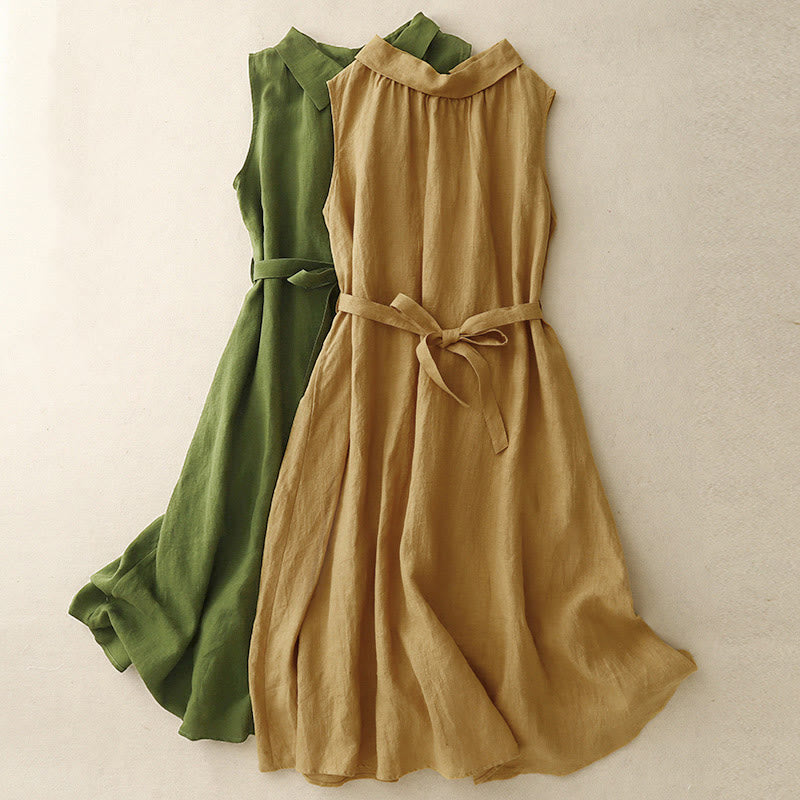 Robe midi d'été en coton uni à lacets et boutons sur le devant, sans manches, Buddha Stones - image 14
