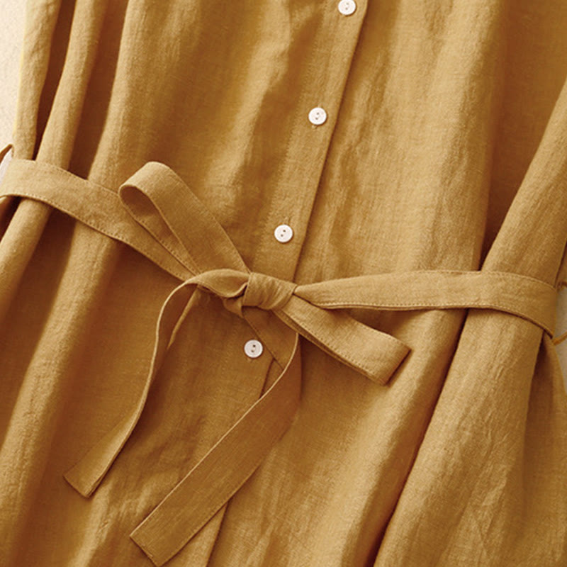 Robe midi en coton sans manches à revers et à lacets avec boutons sur le devant, style cardigan d'été uni Buddha Stones - image 3