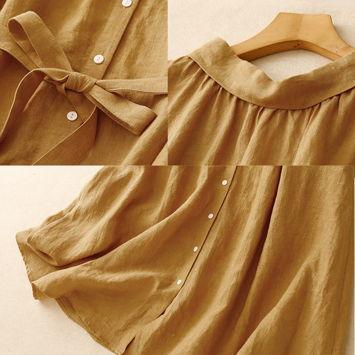 Robe midi en coton sans manches à revers et à lacets avec boutons sur le devant, style cardigan d'été uni Buddha Stones - image 7