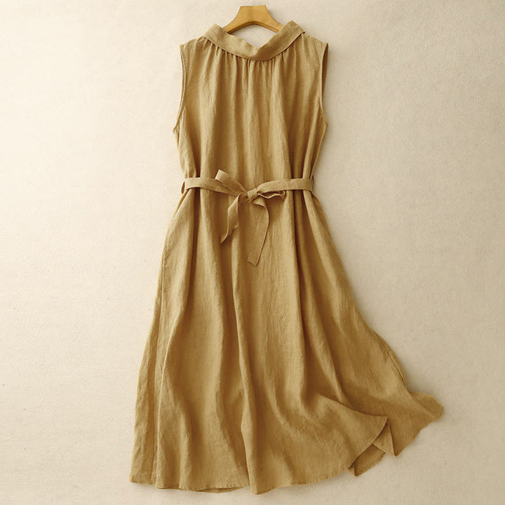 Robe midi d'été en coton uni à lacets et boutons sur le devant, sans manches, Buddha Stones - image 1